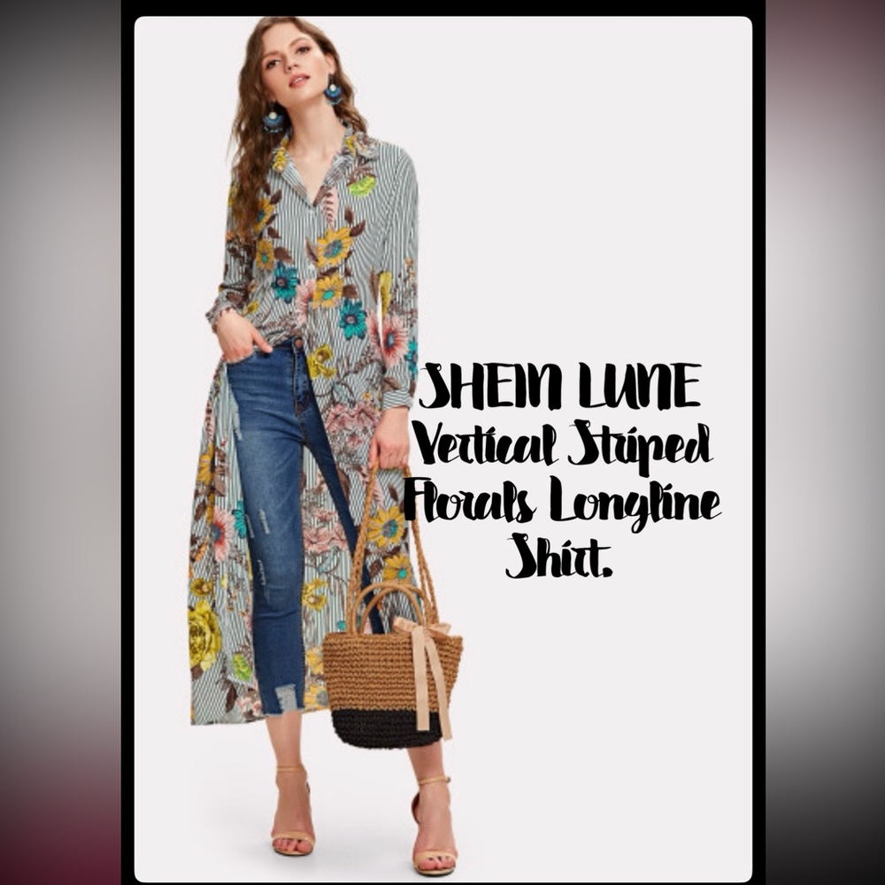 🌸🌸SHEIN LUNE Vertical Striped Floral Longline Shirt-NWOT🌸🌸